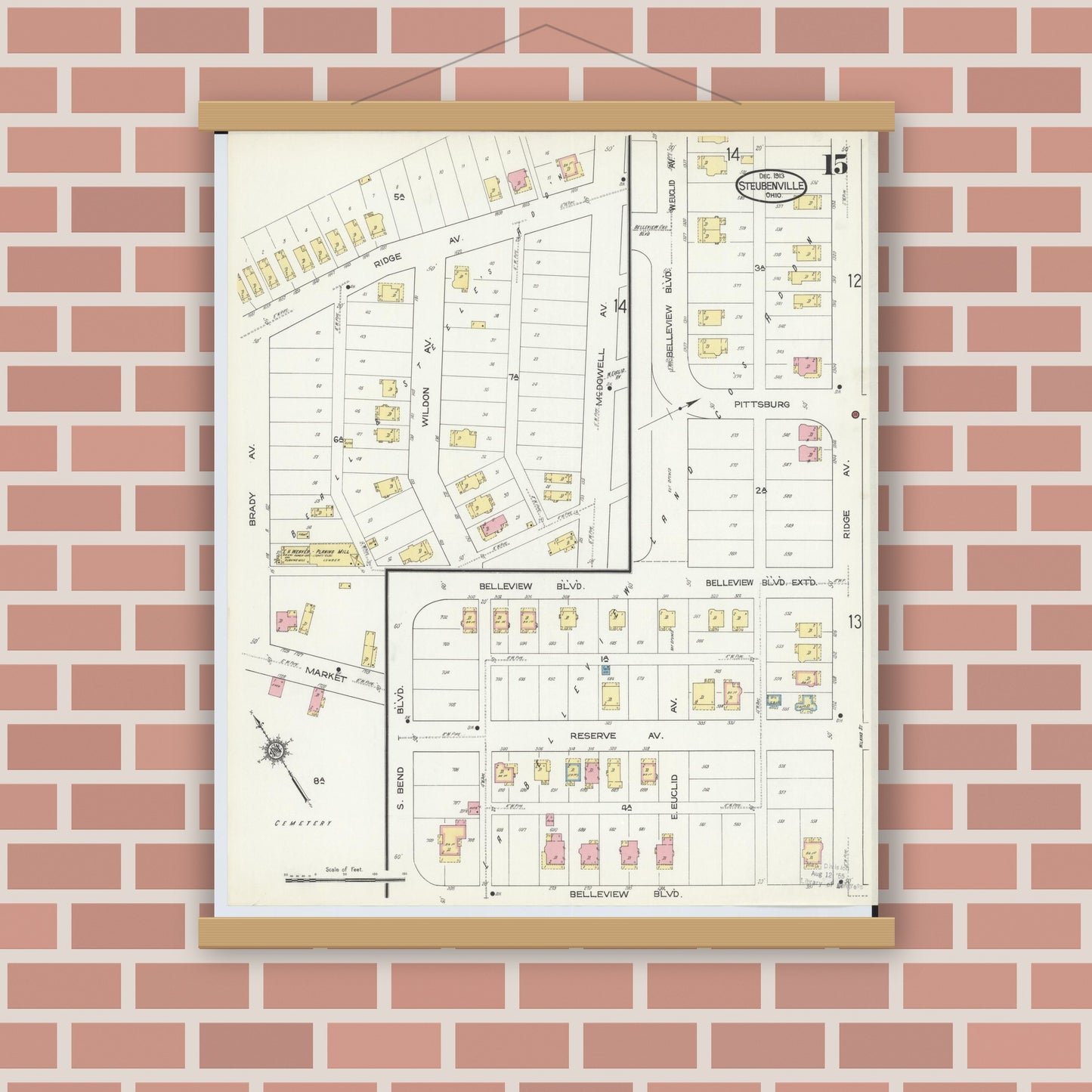 Old map wall art mockup — magnetic wood frame on brick wall — Sanborn Fire Insurance Map from Steubenville, Jefferson County, Ohio (1913), Sheet #0015