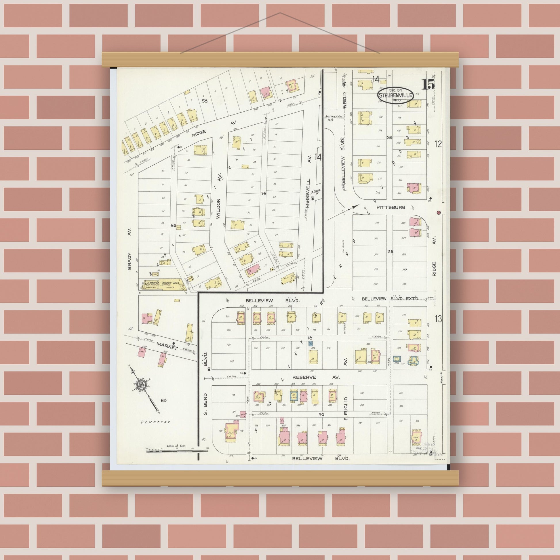 Old map wall art mockup — magnetic wood frame on brick wall — Sanborn Fire Insurance Map from Steubenville, Jefferson County, Ohio (1913), Sheet #0015
