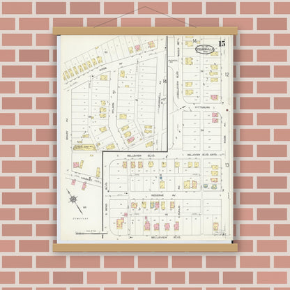 Old map wall art mockup — magnetic wood frame on brick wall — Sanborn Fire Insurance Map from Steubenville, Jefferson County, Ohio (1913), Sheet #0015