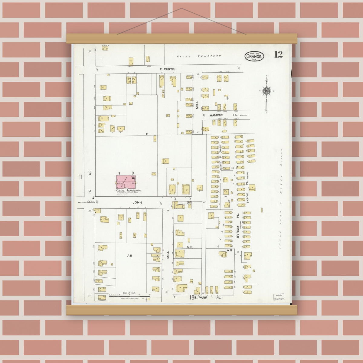Old map wall art mockup — magnetic wood frame on brick wall — Sanborn Fire Insurance Map from Orange, Orange County, Texas (1919), Sheet #0012