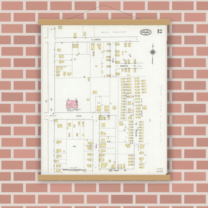 Old map wall art mockup — magnetic wood frame on brick wall — Sanborn Fire Insurance Map from Orange, Orange County, Texas (1919), Sheet #0012