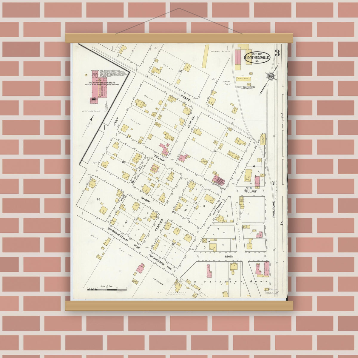 Old map wall art mockup — magnetic wood frame on brick wall — Sanborn Fire Insurance Map from Crothersville, Jackson County, Indiana (1916), Sheet #0003