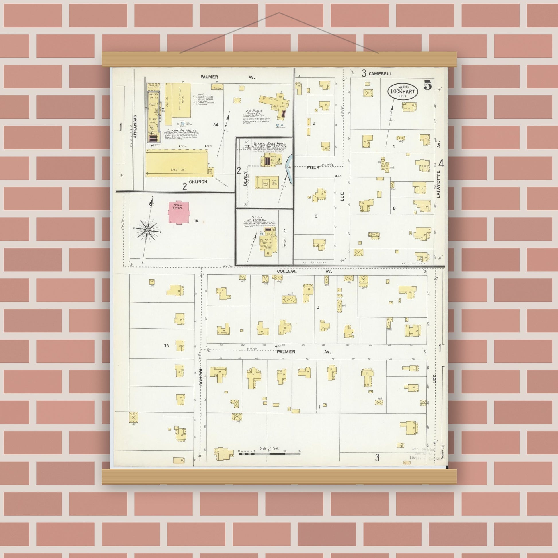 Old map wall art mockup — magnetic wood frame on brick wall — Sanborn Fire Insurance Map from Lockhart, Caldwell County, Texas (1903), Sheet #0005