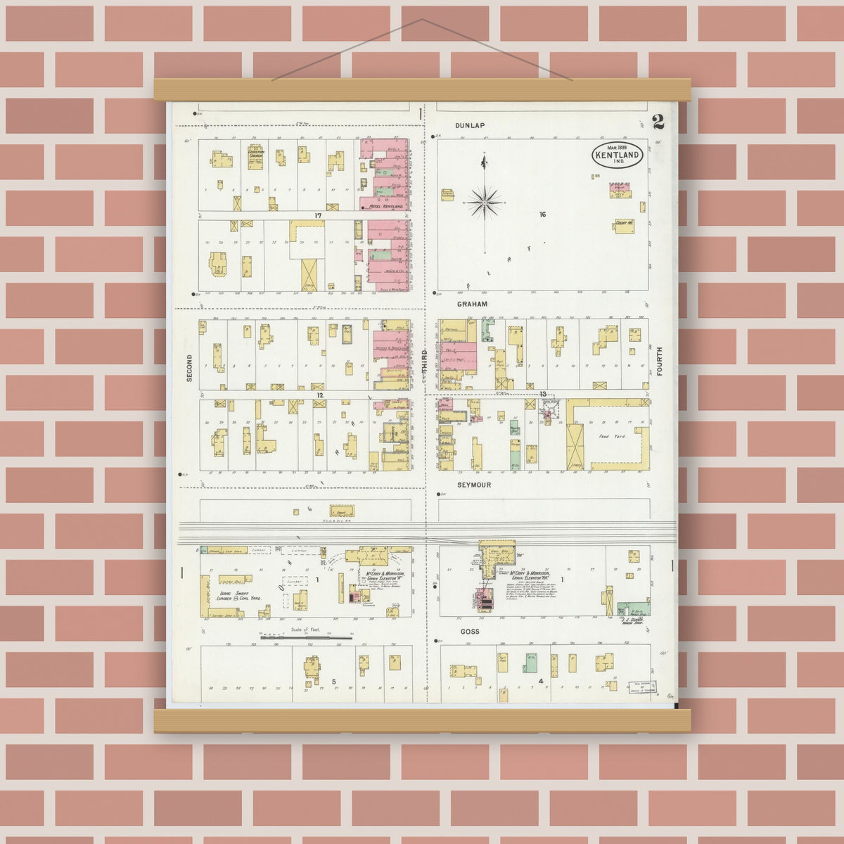 Old map wall art mockup — magnetic wood frame on brick wall — Sanborn Fire Insurance Map from Kentland, Newton County, Indiana (1899), Sheet #0002