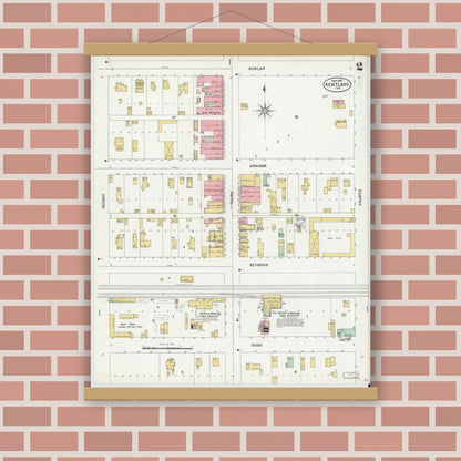 Old map wall art mockup — magnetic wood frame on brick wall — Sanborn Fire Insurance Map from Kentland, Newton County, Indiana (1899), Sheet #0002