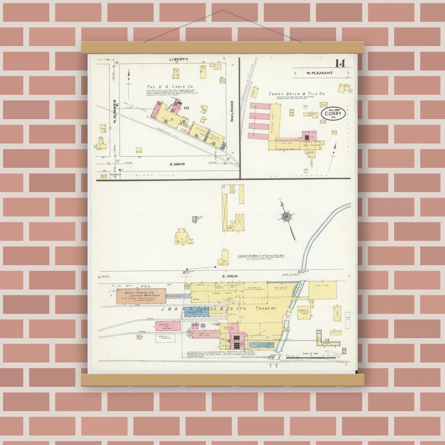 Old map wall art mockup — magnetic wood frame on brick wall — Sanborn Fire Insurance Map from Corry, Erie County, Pennsylvania (1909), Sheet #0014