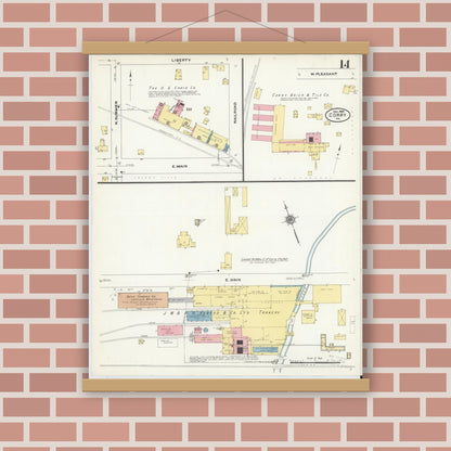 Old map wall art mockup — magnetic wood frame on brick wall — Sanborn Fire Insurance Map from Corry, Erie County, Pennsylvania (1909), Sheet #0014