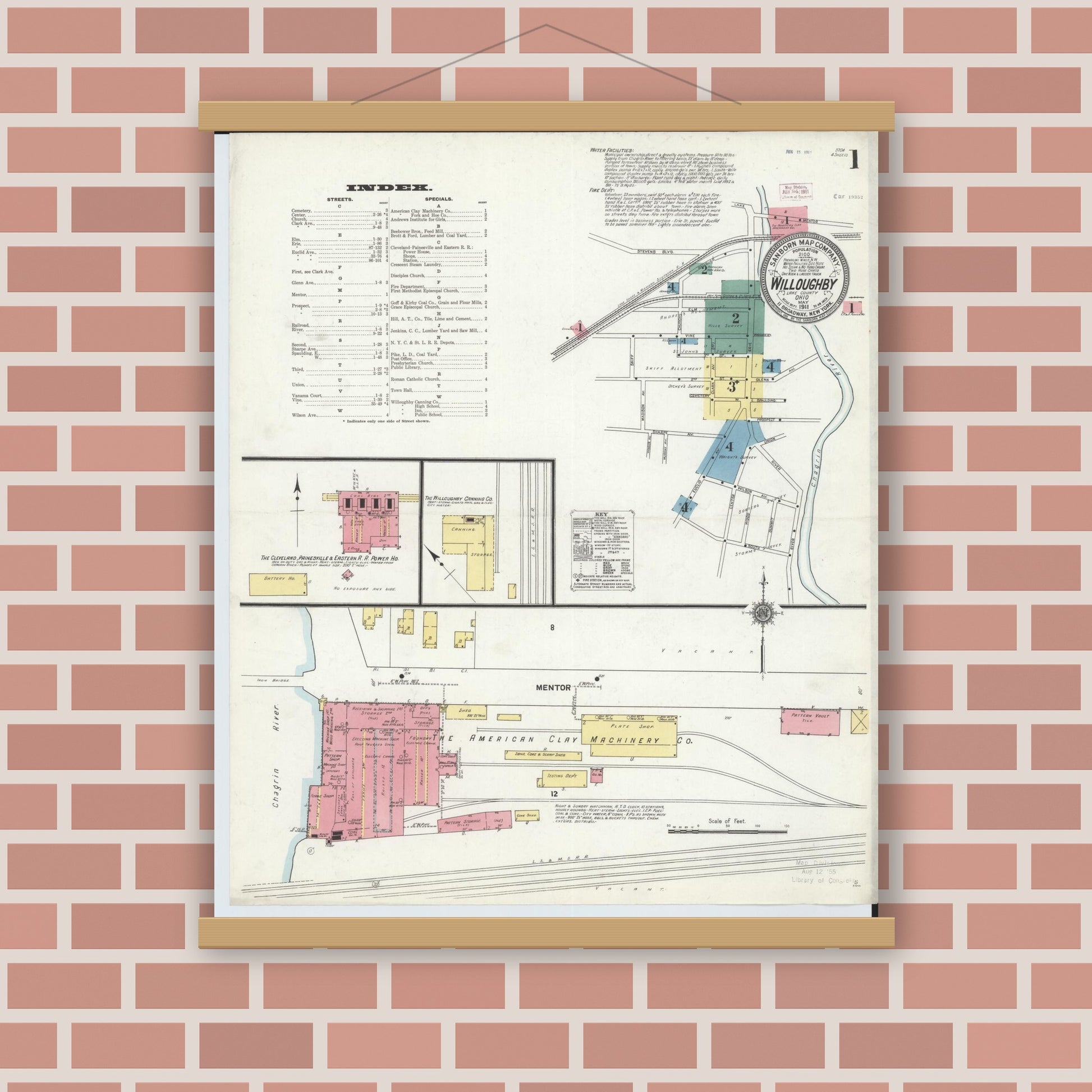 Old map wall art mockup — magnetic wood frame on brick wall — Sanborn Fire Insurance Map from Willoughby, Lake County, Ohio (1911), Sheet #0001