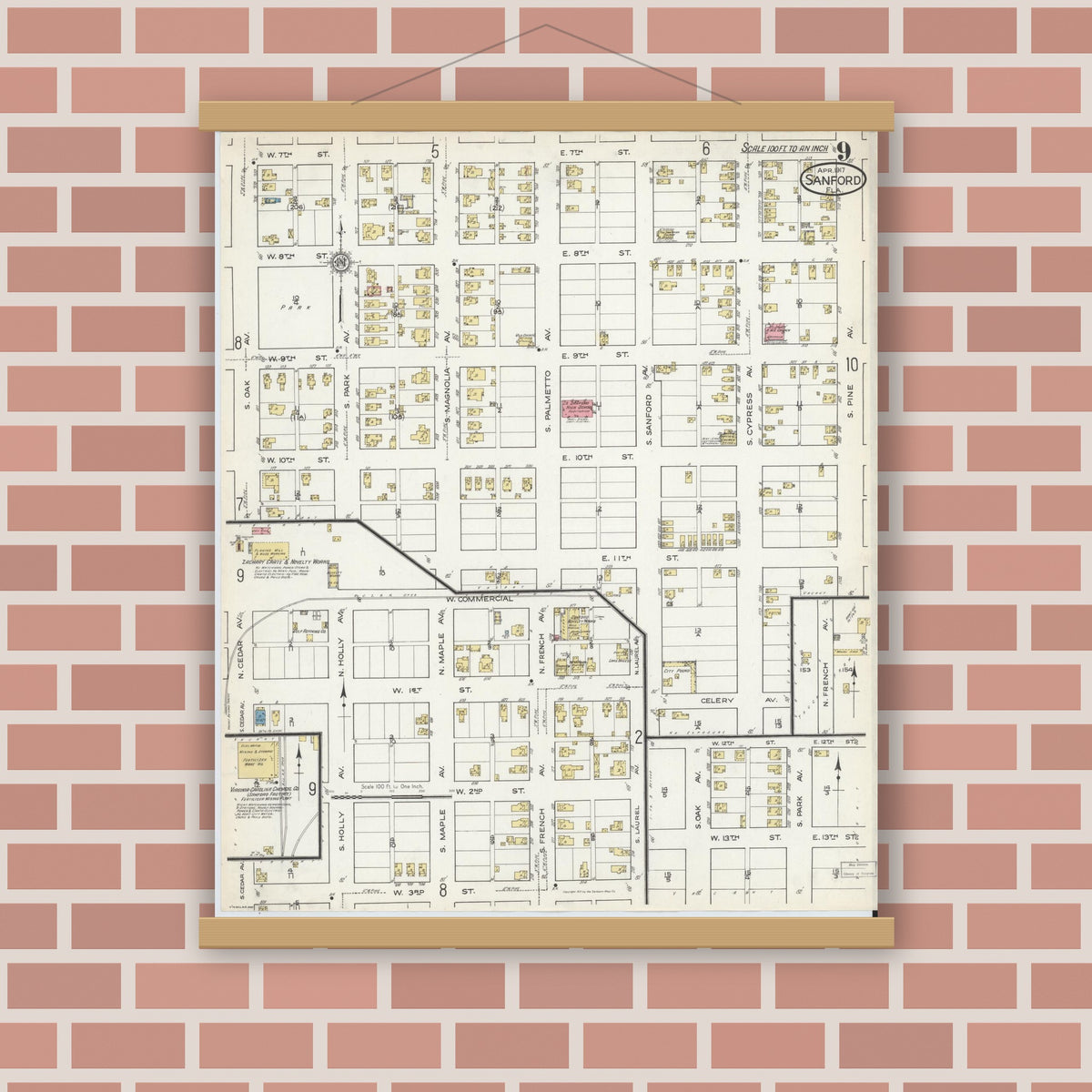 Old map wall art mockup — magnetic wood frame on brick wall — Sanborn Fire Insurance Map from Sanford, Seminole County, Florida (1917), Sheet #0009