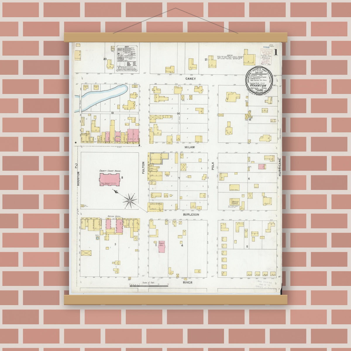 Old map wall art mockup — magnetic wood frame on brick wall — Sanborn Fire Insurance Map from Wharton, Wharton County, Texas (1900) - Complete Map Set