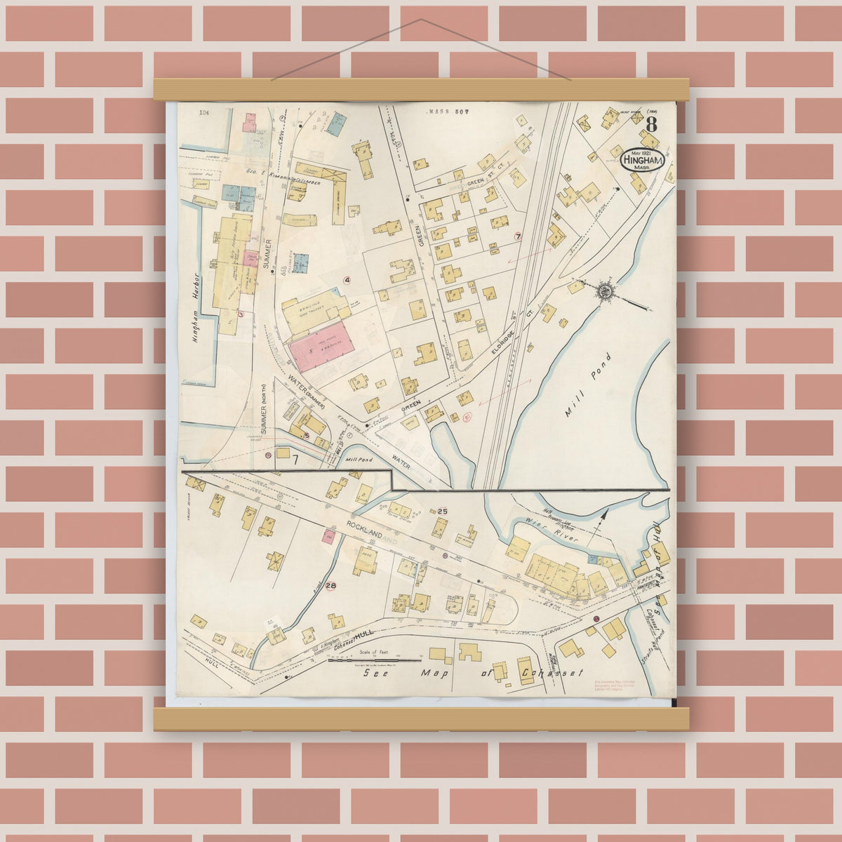 Old map wall art mockup — magnetic wood frame on brick wall — Sanborn Fire Insurance Map from Hingham, Plymouth County, Massachusetts (1948), Sheet #0008