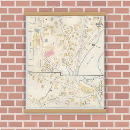 Old map wall art mockup — magnetic wood frame on brick wall — Sanborn Fire Insurance Map from Hingham, Plymouth County, Massachusetts (1948), Sheet #0008