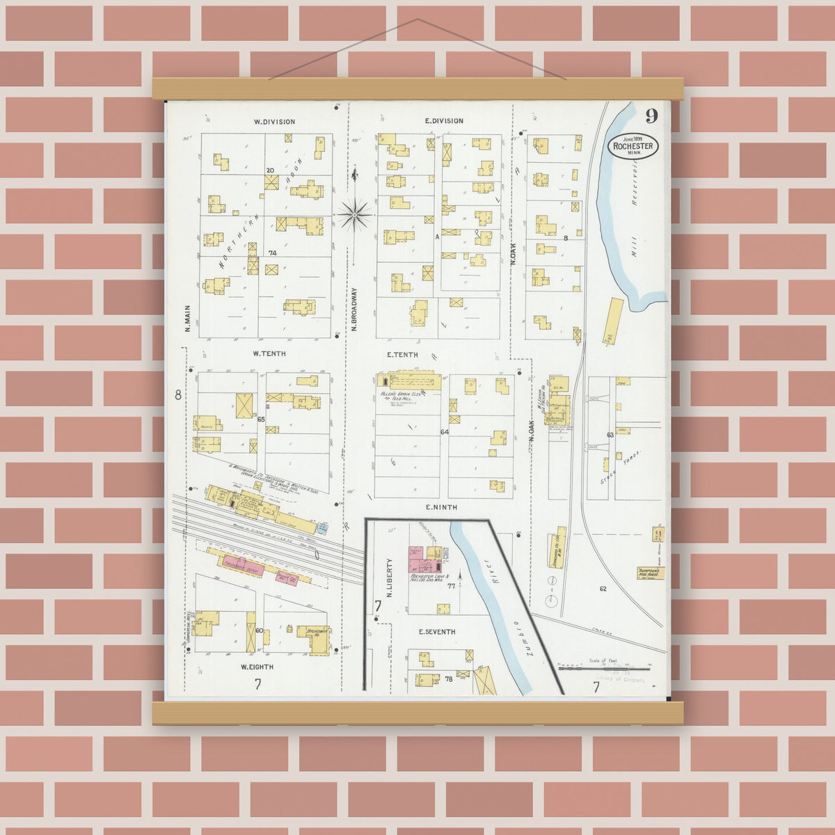 Old map wall art mockup — magnetic wood frame on brick wall — Sanborn Fire Insurance Map from Rochester, Olmsted County, Minnesota (1899), Sheet #0009