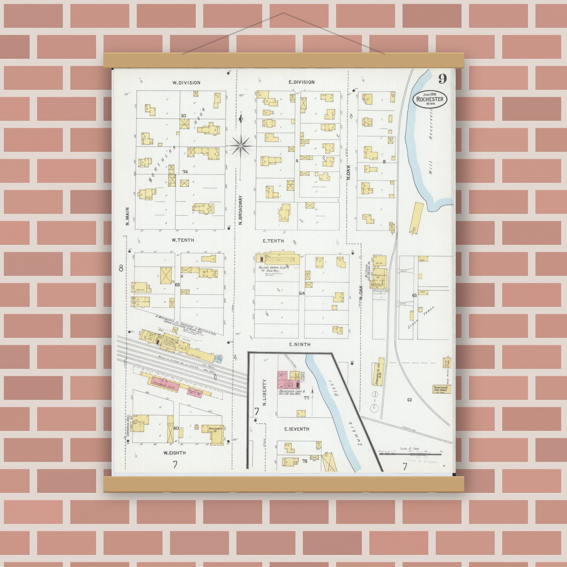Old map wall art mockup — magnetic wood frame on brick wall — Sanborn Fire Insurance Map from Rochester, Olmsted County, Minnesota (1899), Sheet #0009