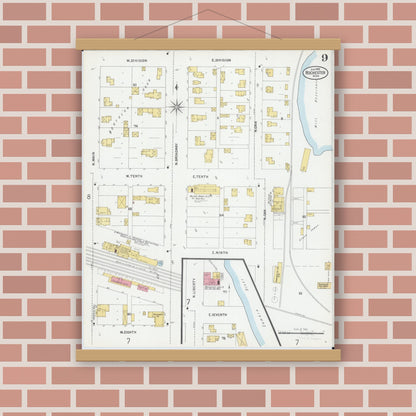 Old map wall art mockup — magnetic wood frame on brick wall — Sanborn Fire Insurance Map from Rochester, Olmsted County, Minnesota (1899), Sheet #0009