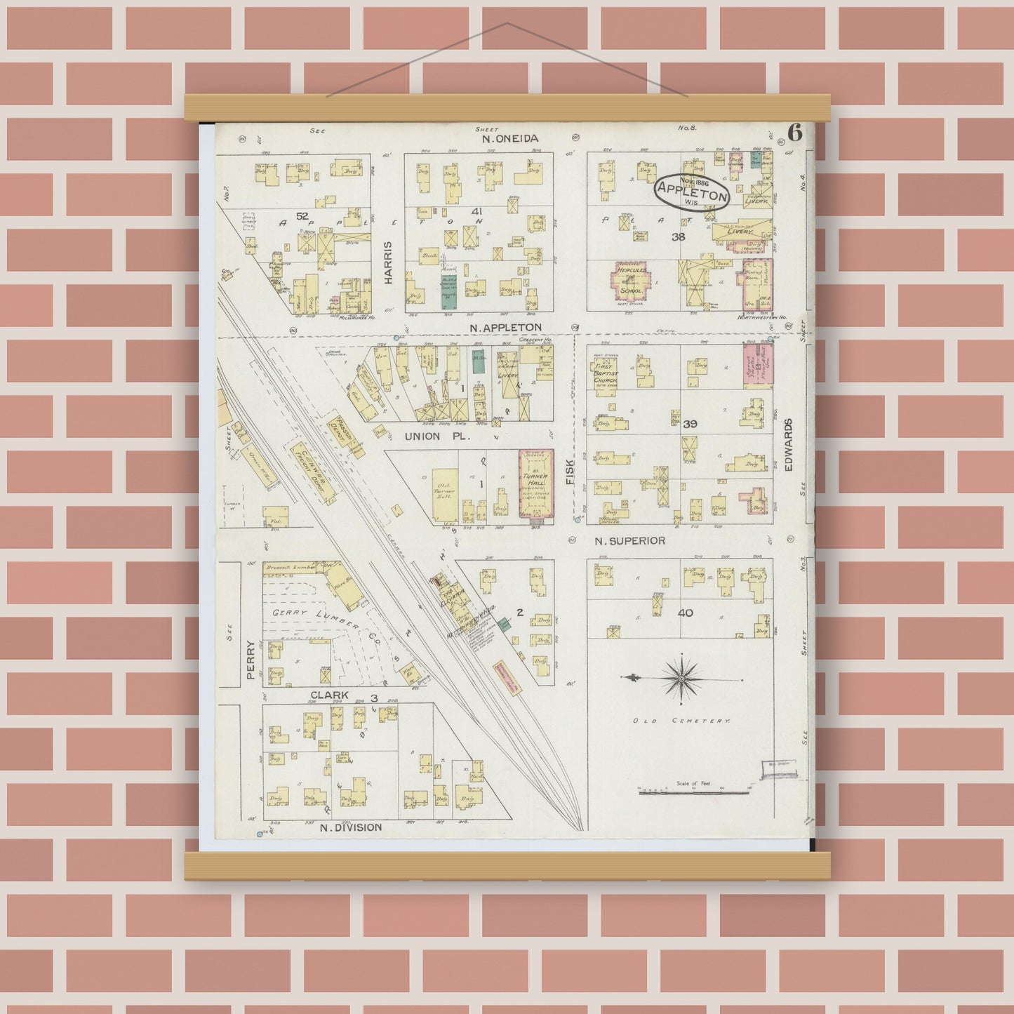 Old map wall art mockup — magnetic wood frame on brick wall — Sanborn Fire Insurance Map from Appleton, Outagamie County, Wisconsin (1886), Sheet #0006