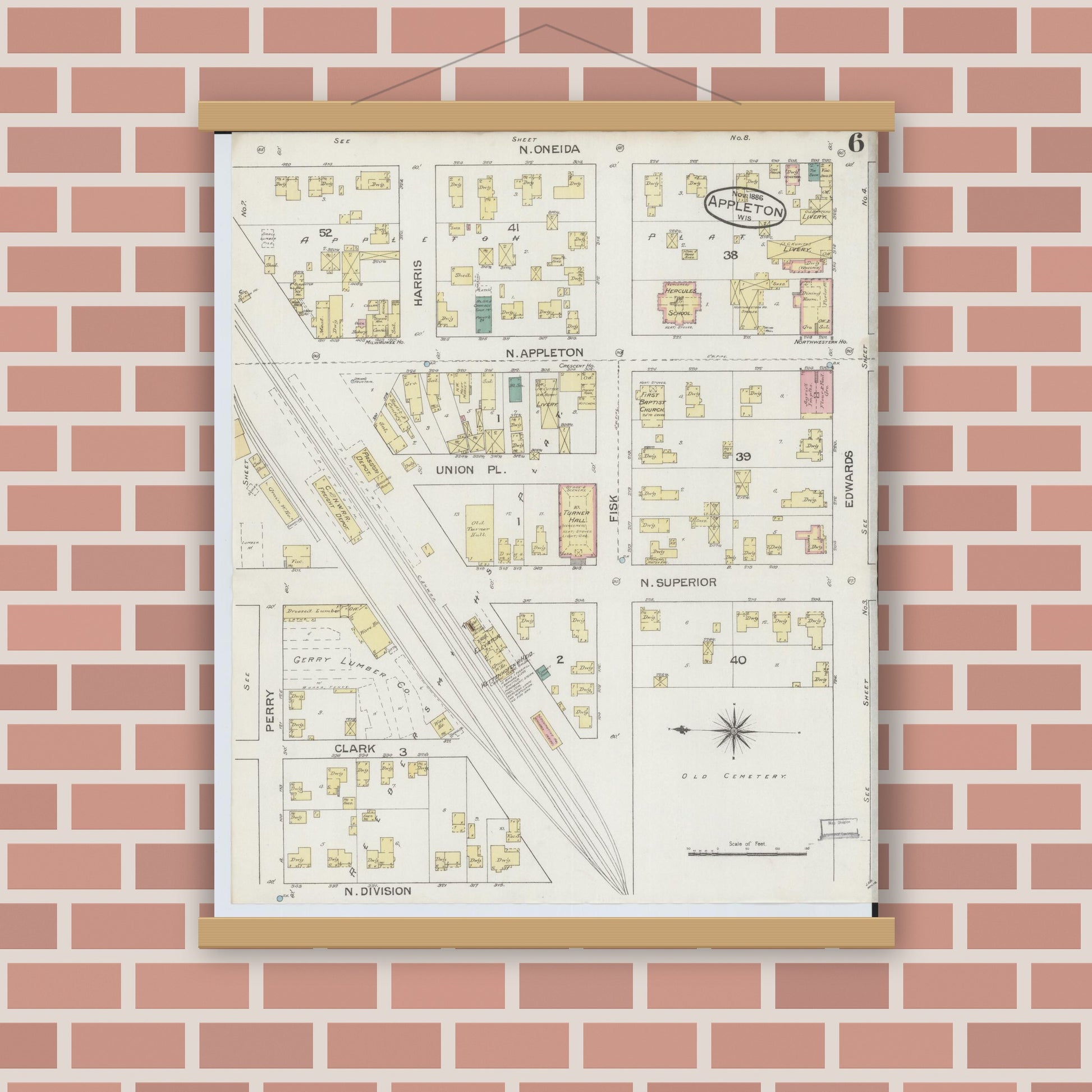 Old map wall art mockup — magnetic wood frame on brick wall — Sanborn Fire Insurance Map from Appleton, Outagamie County, Wisconsin (1886), Sheet #0006