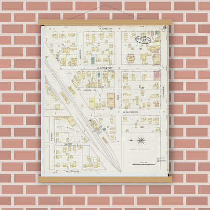 Old map wall art mockup — magnetic wood frame on brick wall — Sanborn Fire Insurance Map from Appleton, Outagamie County, Wisconsin (1886), Sheet #0006