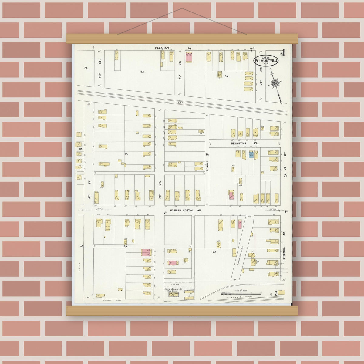 Old map wall art mockup — magnetic wood frame on brick wall — Sanborn Fire Insurance Map from Pleasantville, Atlantic County, New Jersey (1911), Sheet #0004