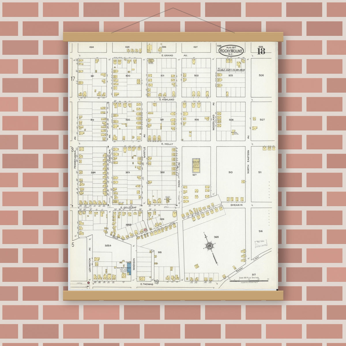 Old map wall art mockup — magnetic wood frame on brick wall — Sanborn Fire Insurance Map from Rocky Mount, Edgecombe And Nash Counties, North Carolina (1917), Sheet #0018