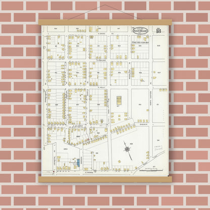 Old map wall art mockup — magnetic wood frame on brick wall — Sanborn Fire Insurance Map from Rocky Mount, Edgecombe And Nash Counties, North Carolina (1917), Sheet #0018