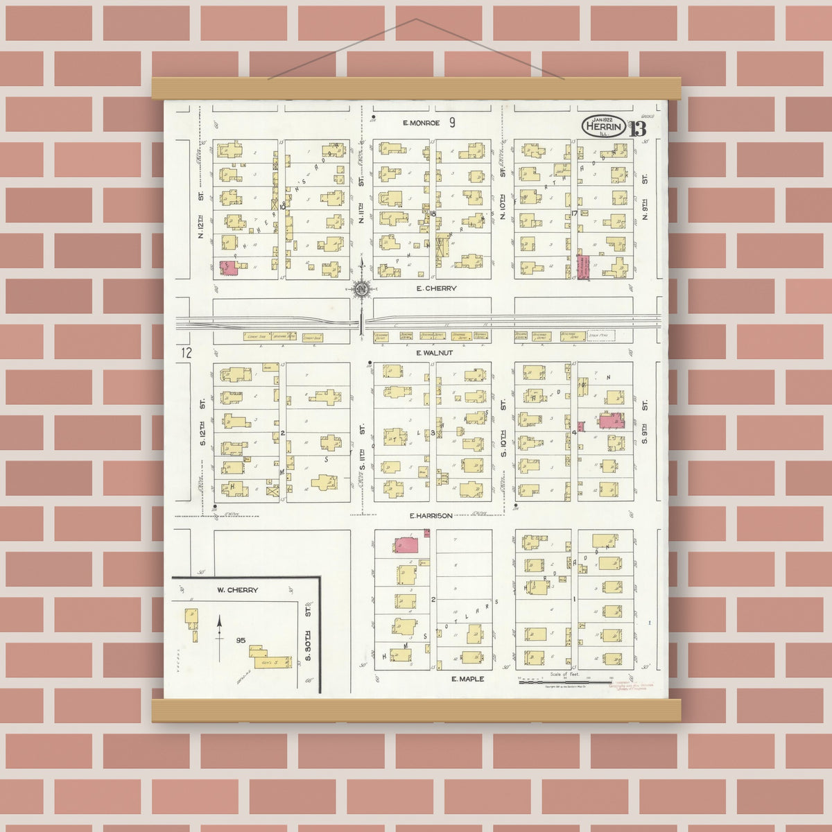 Old map wall art mockup — magnetic wood frame on brick wall — Sanborn Fire Insurance Map from Herrin, Williamson County, Illinois (1922), Sheet #0013