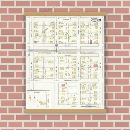 Old map wall art mockup — magnetic wood frame on brick wall — Sanborn Fire Insurance Map from Herrin, Williamson County, Illinois (1922), Sheet #0013