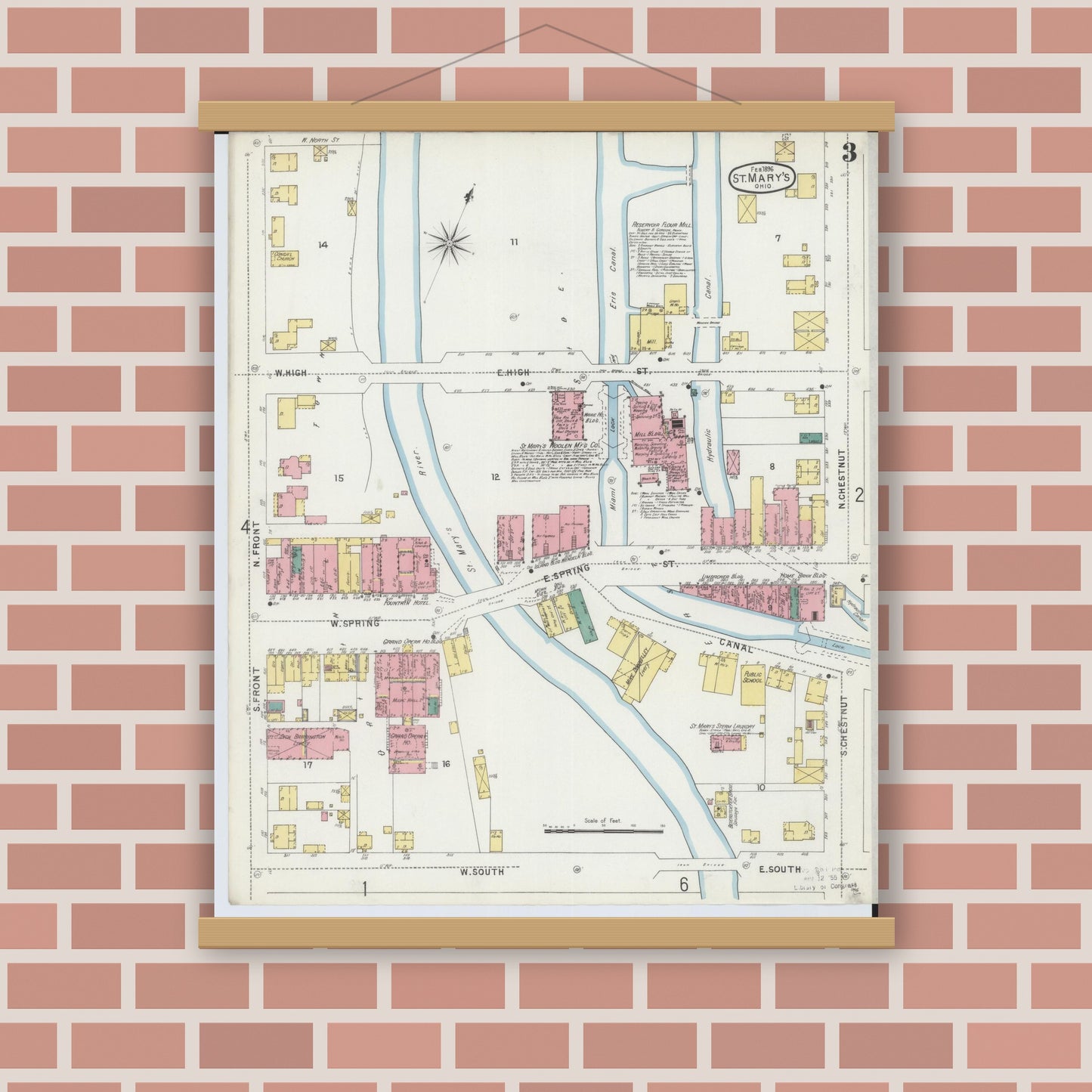 Old map wall art mockup — magnetic wood frame on brick wall — Sanborn Fire Insurance Map from Saint Marys, Auglaize County, Ohio (1896), Sheet #0003