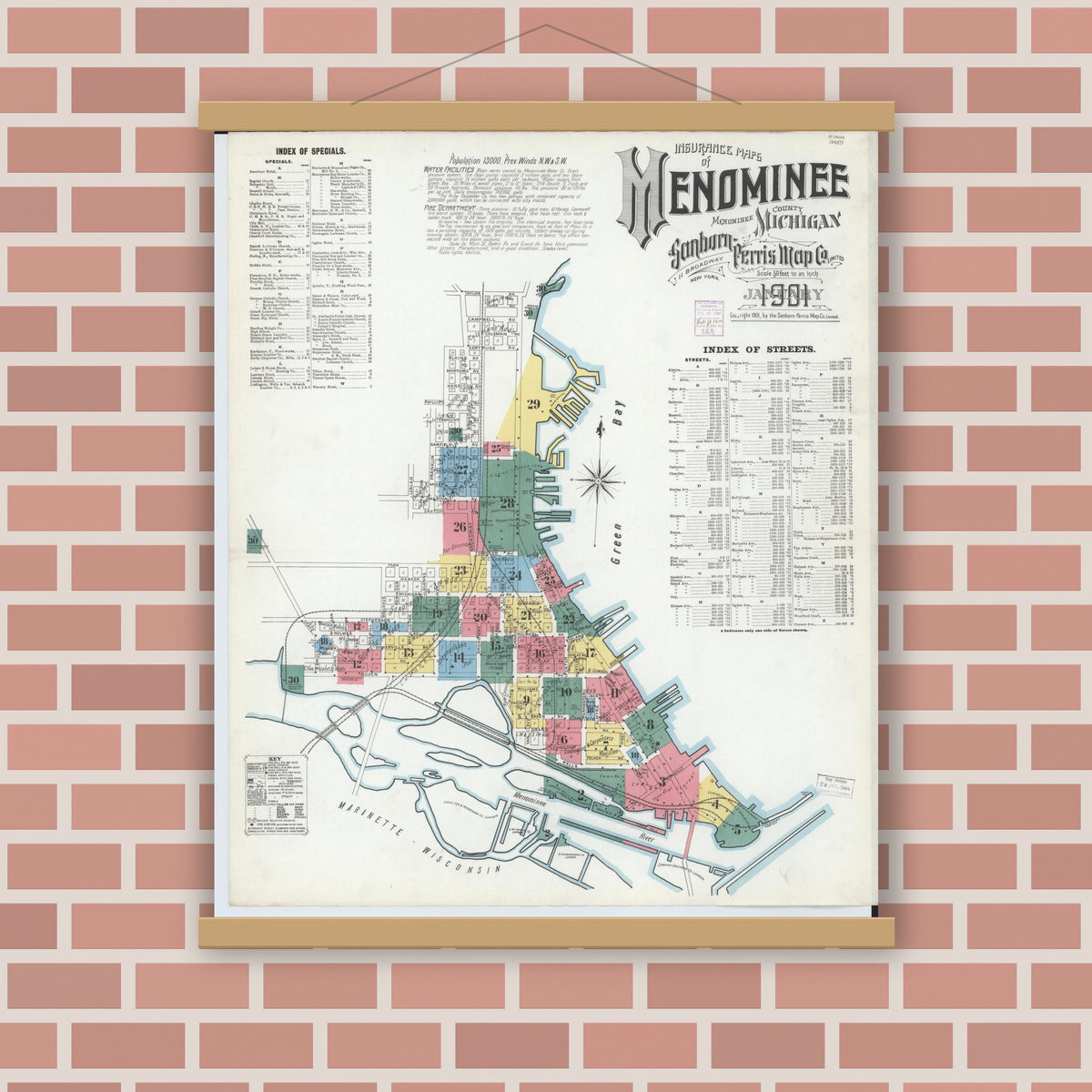 Old map wall art mockup — magnetic wood frame on brick wall — Sanborn Fire Insurance Map from Menominee, Menominee County, Michigan (1901), Sheet #0001