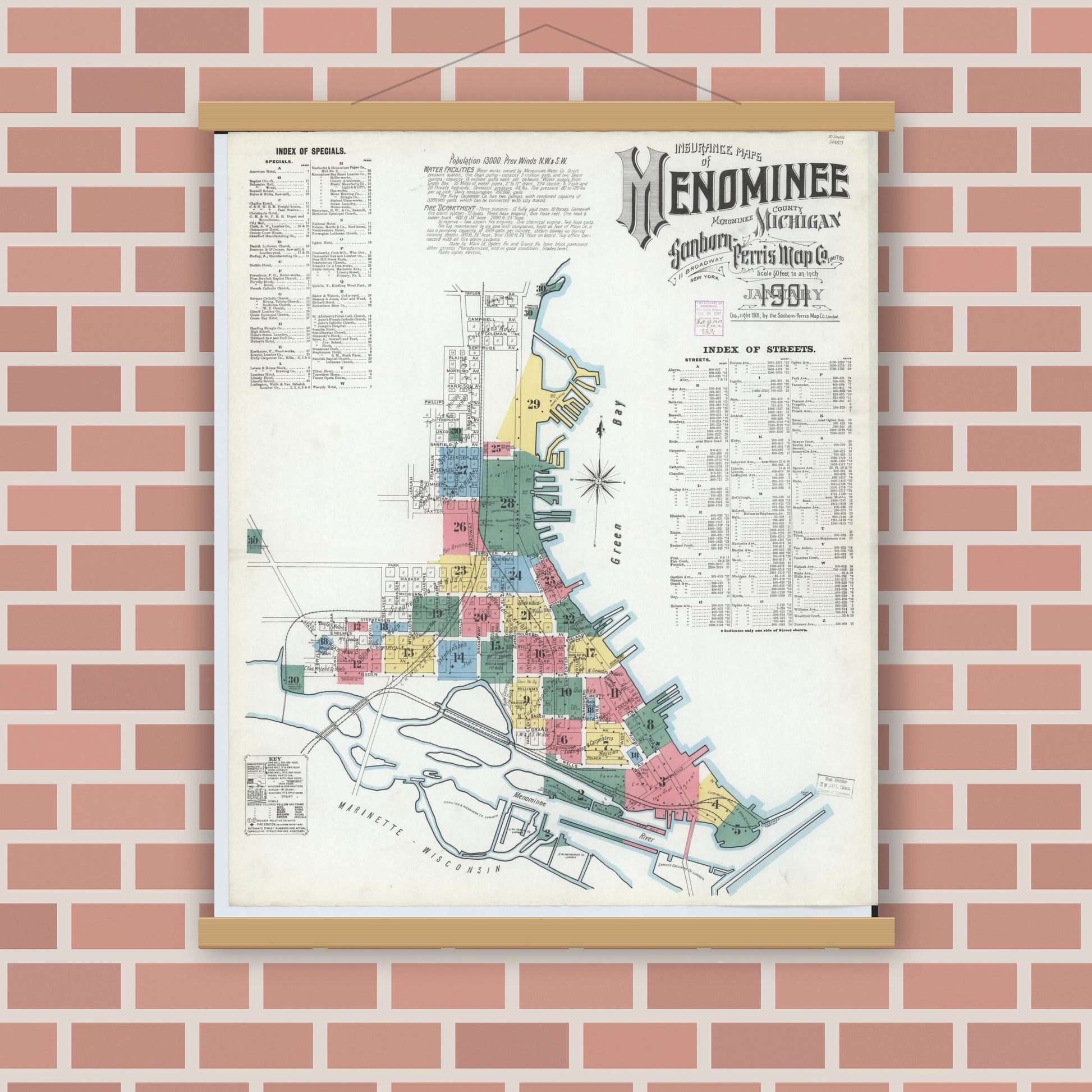 Old map wall art mockup — magnetic wood frame on brick wall — Sanborn Fire Insurance Map from Menominee, Menominee County, Michigan (1901), Sheet #0001