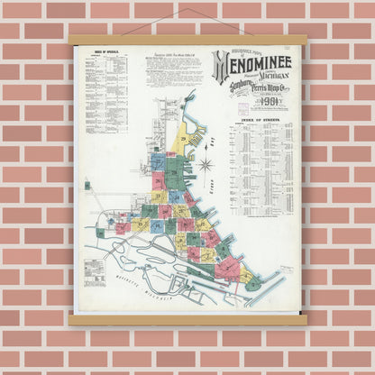 Old map wall art mockup — magnetic wood frame on brick wall — Sanborn Fire Insurance Map from Menominee, Menominee County, Michigan (1901), Sheet #0001