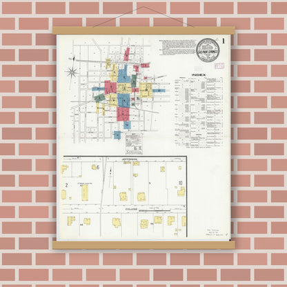 Old map wall art mockup — magnetic wood frame on brick wall — Sanborn Fire Insurance Map from Sulphur Springs, Hopkins County, Texas (1909), Sheet #0001