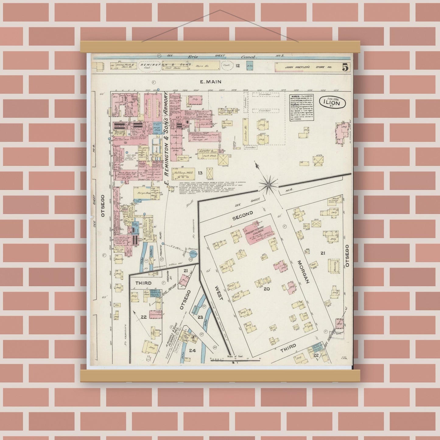 Old map wall art mockup — magnetic wood frame on brick wall — Sanborn Fire Insurance Map from Ilion, Herkimer County, New York (1884), Sheet #0005