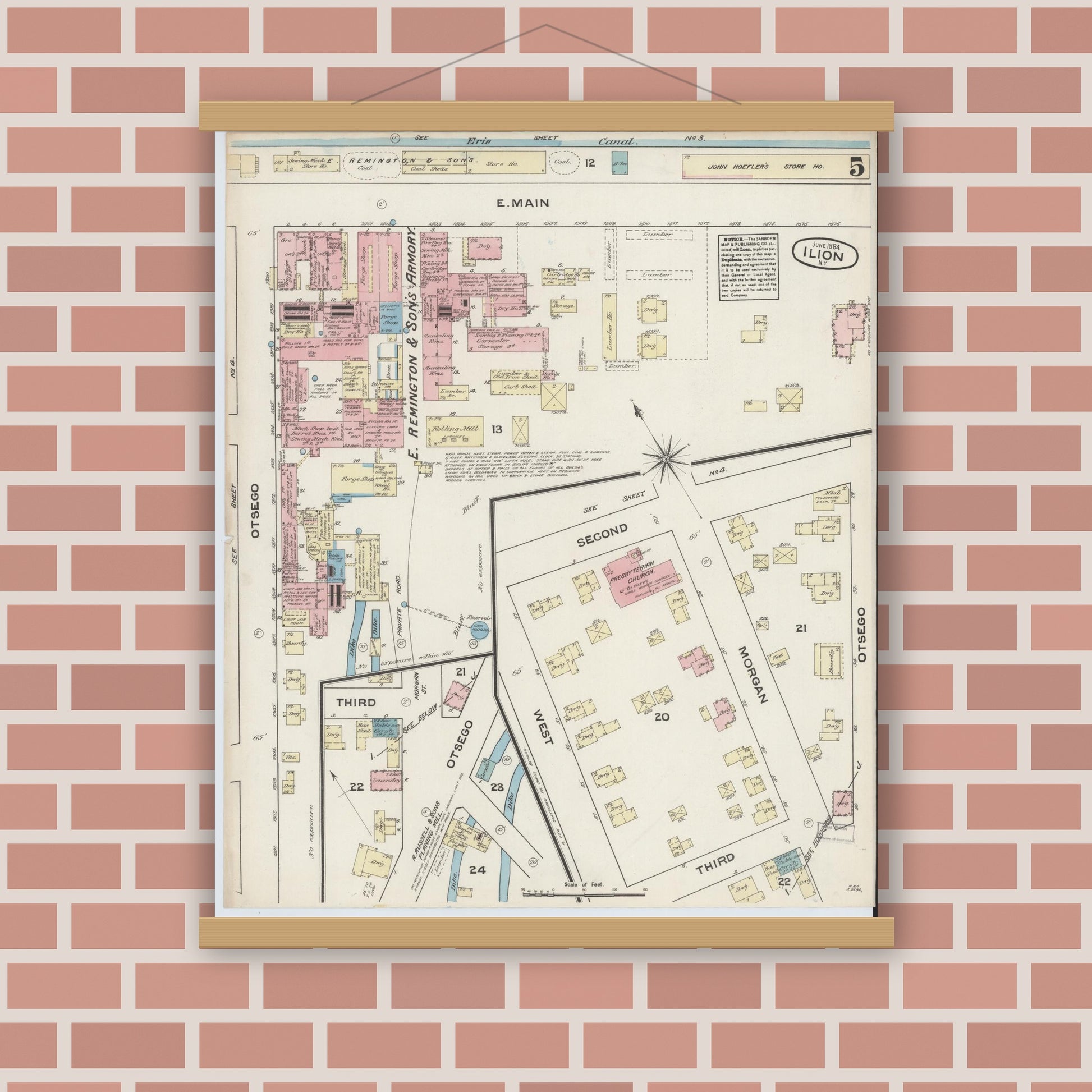 Old map wall art mockup — magnetic wood frame on brick wall — Sanborn Fire Insurance Map from Ilion, Herkimer County, New York (1884), Sheet #0005