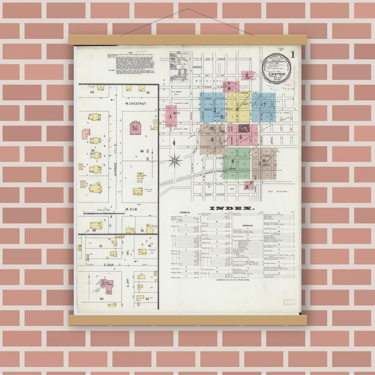 Old map wall art mockup — magnetic wood frame on brick wall — Sanborn Fire Insurance Map from Canton, Fulton County, Illinois (1896) - Complete Map Set