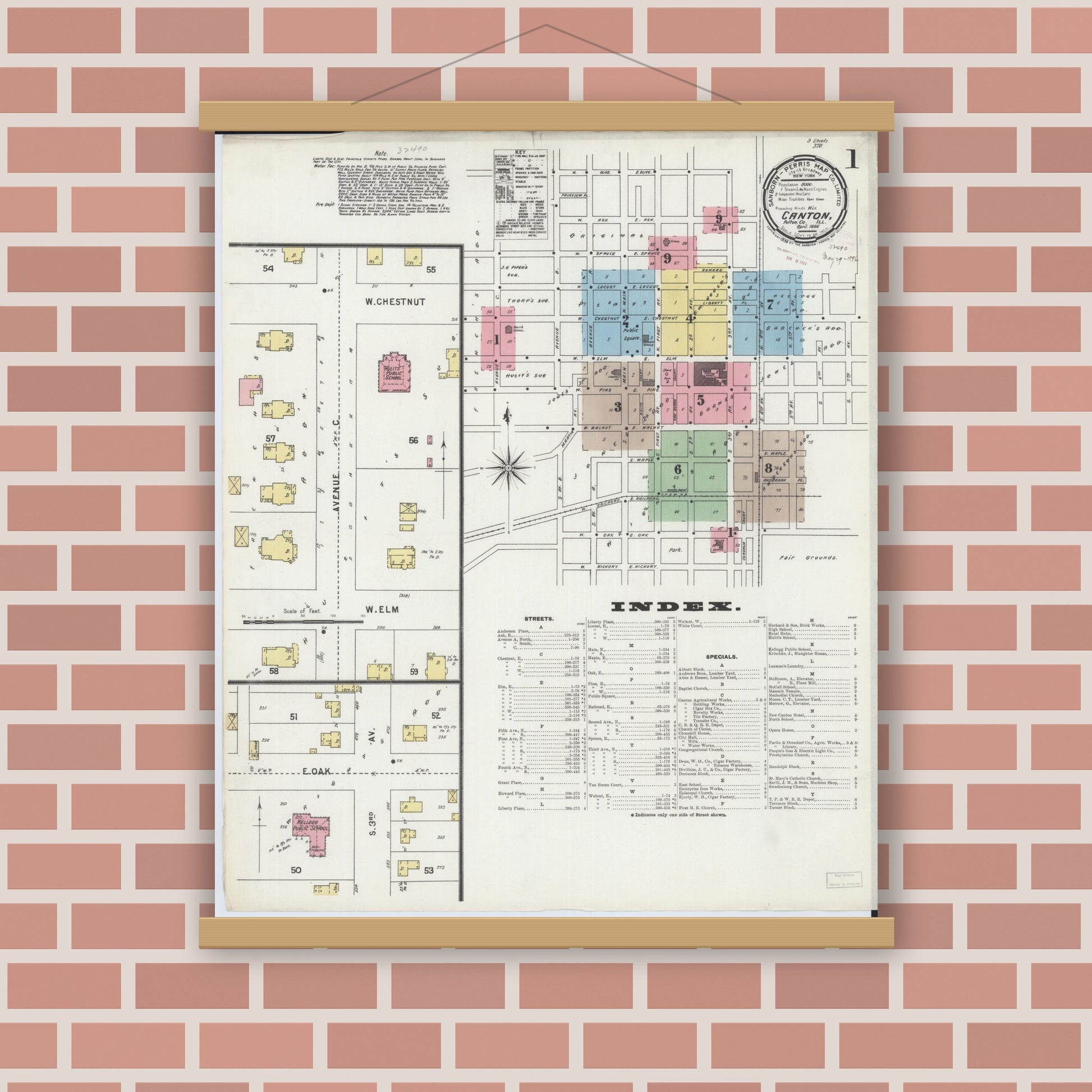 Old map wall art mockup — magnetic wood frame on brick wall — Sanborn Fire Insurance Map from Canton, Fulton County, Illinois (1896) - Complete Map Set