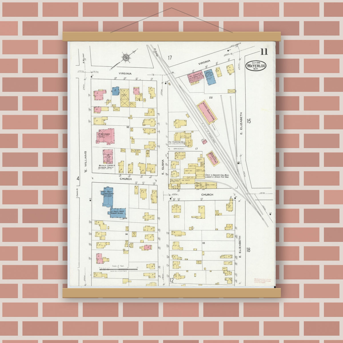 Old map wall art mockup — magnetic wood frame on brick wall — Sanborn Fire Insurance Map from Waterloo, Seneca County, New York (1918), Sheet #0011