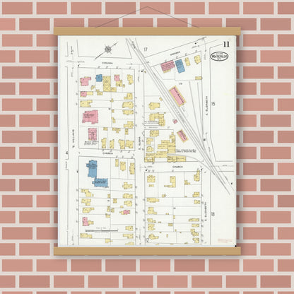 Old map wall art mockup — magnetic wood frame on brick wall — Sanborn Fire Insurance Map from Waterloo, Seneca County, New York (1918), Sheet #0011