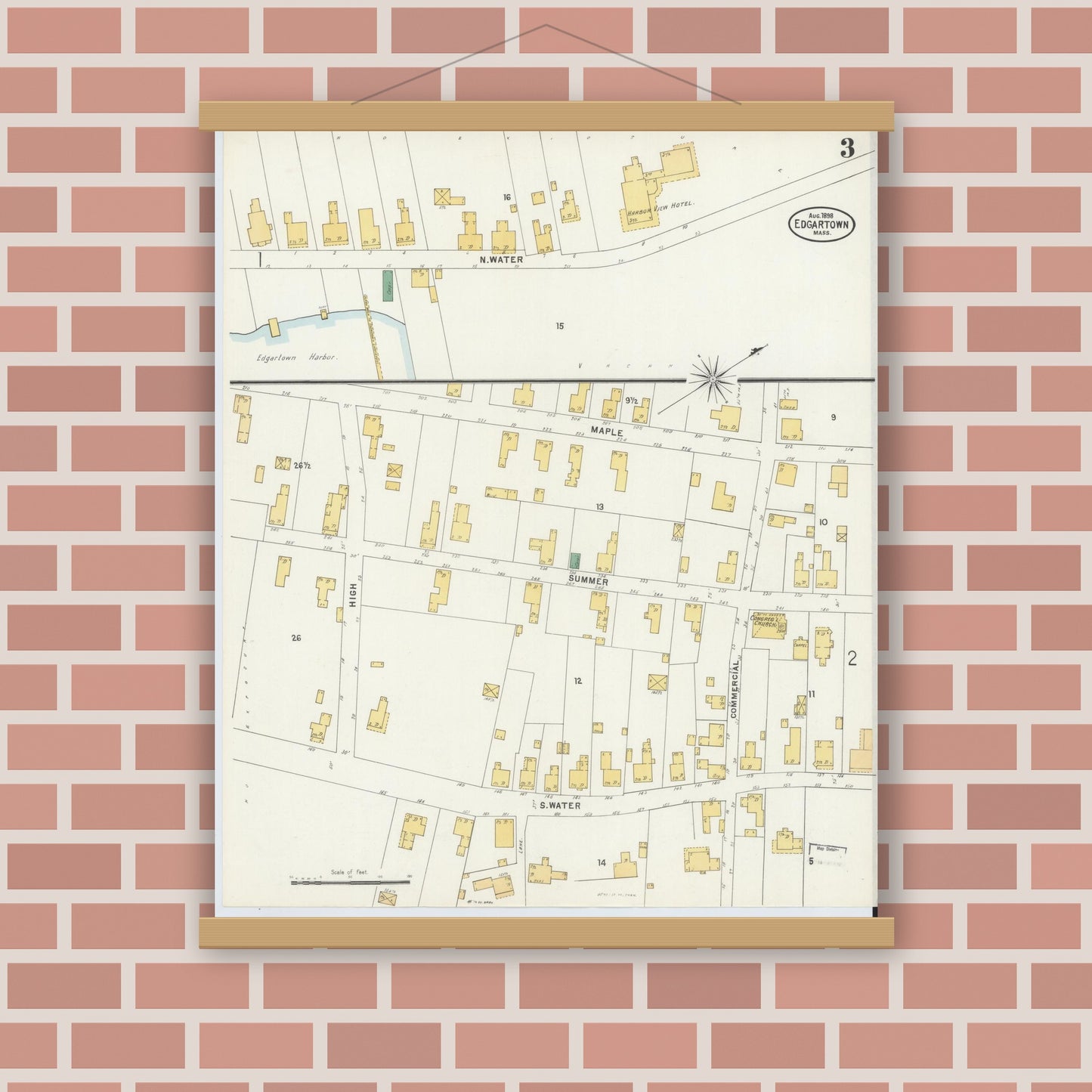 Old map wall art mockup — magnetic wood frame on brick wall — Sanborn Fire Insurance Map from Edgartown, Dukes County, Massachusetts (1898), Sheet #0003