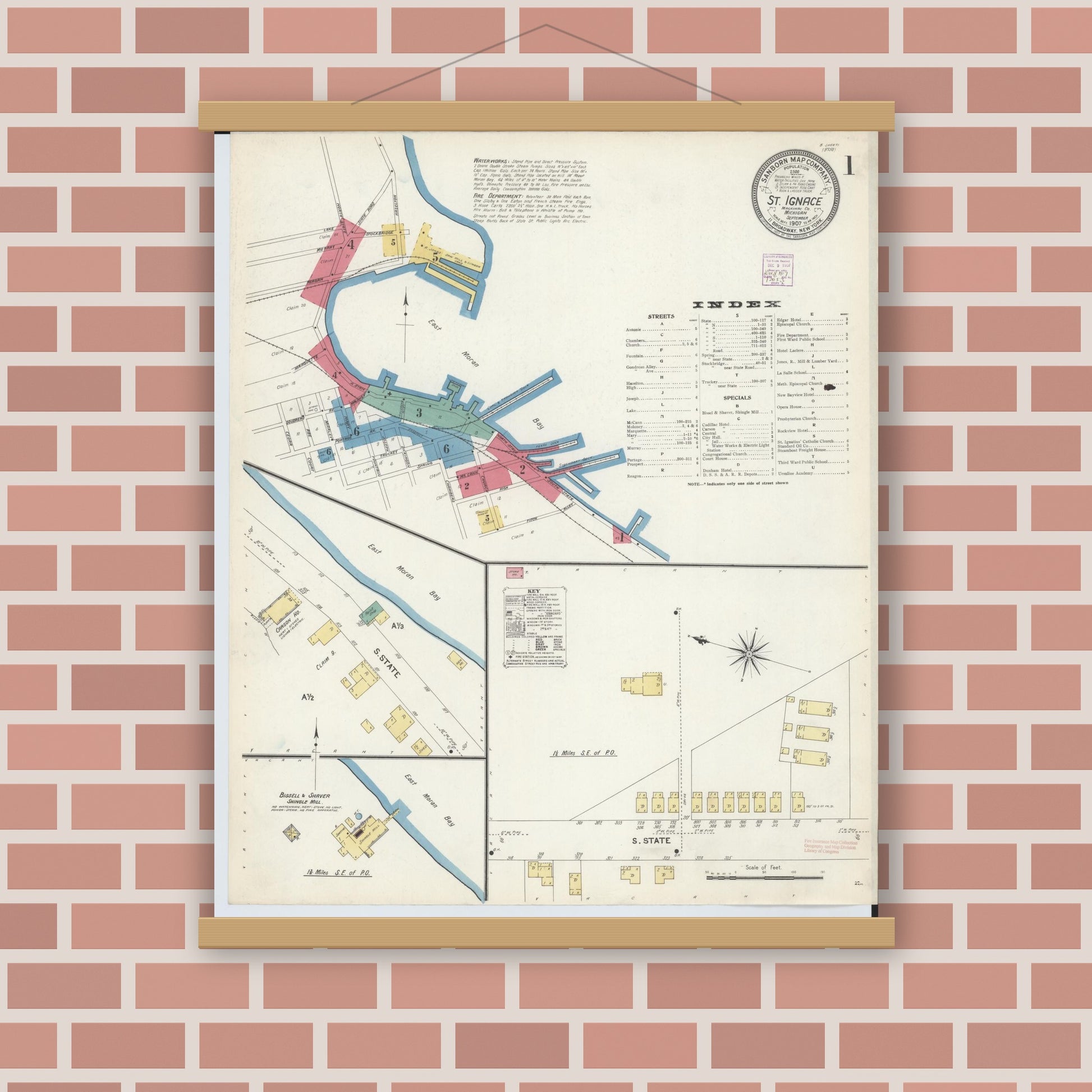 Old map wall art mockup — magnetic wood frame on brick wall — Sanborn Fire Insurance Map from Saint Ignace, Mackinac County, Michigan (1907) - Complete Map Set
