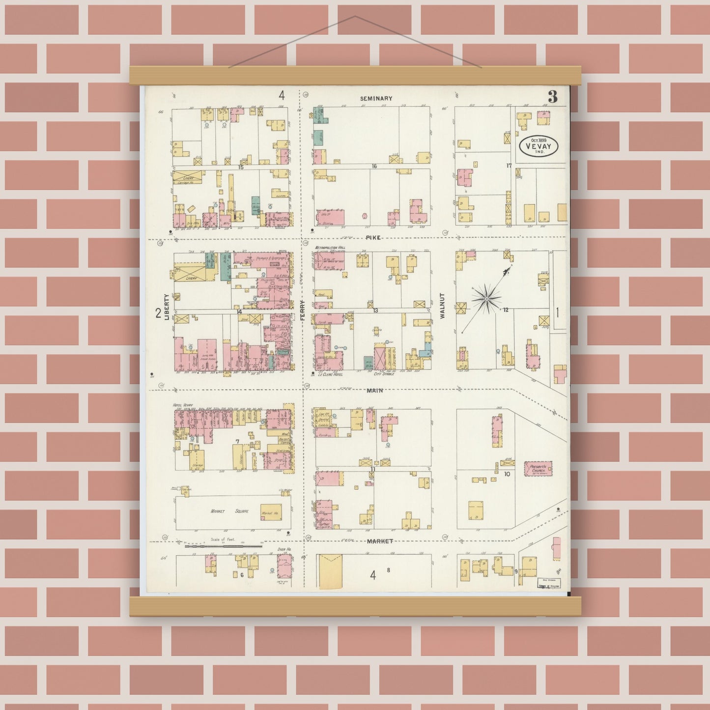 Old map wall art mockup — magnetic wood frame on brick wall — Sanborn Fire Insurance Map from Vevay, Switzerland County, Indiana (1899), Sheet #0003