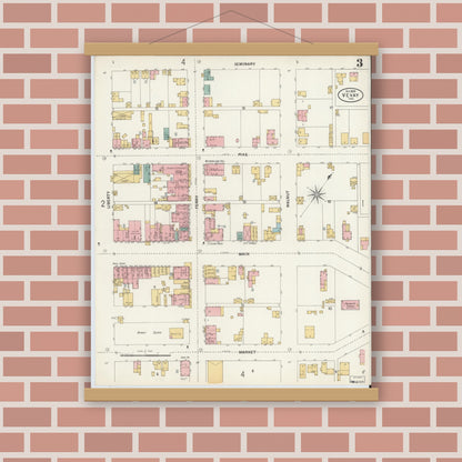 Old map wall art mockup — magnetic wood frame on brick wall — Sanborn Fire Insurance Map from Vevay, Switzerland County, Indiana (1899), Sheet #0003