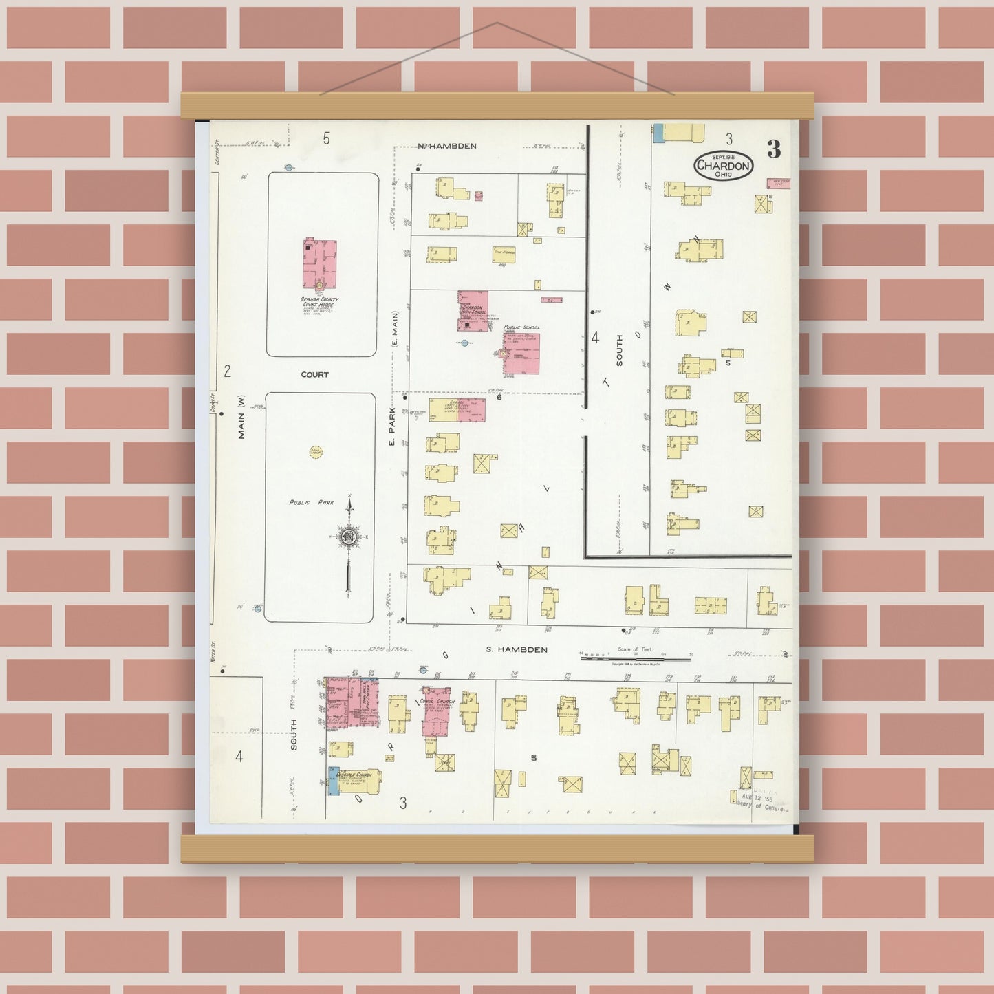 Old map wall art mockup — magnetic wood frame on brick wall — Sanborn Fire Insurance Map from Chardon, Geauga County, Ohio (1918), Sheet #0003