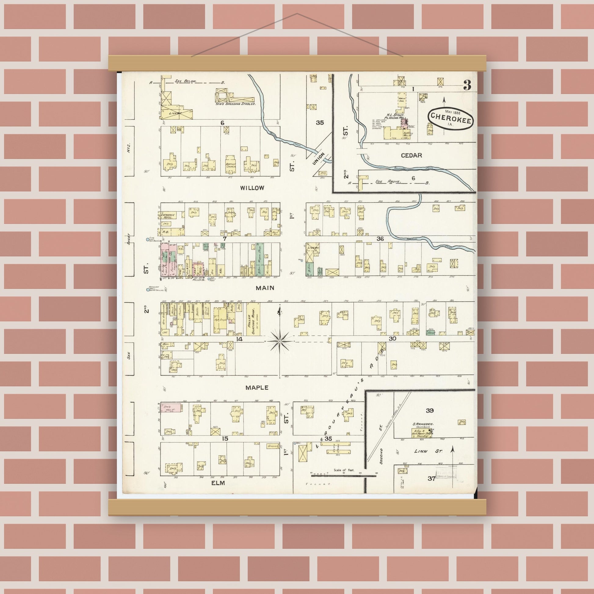 Old map wall art mockup — magnetic wood frame on brick wall — Sanborn Fire Insurance Map from Cherokee, Cherokee County, Iowa (1888), Sheet #0003