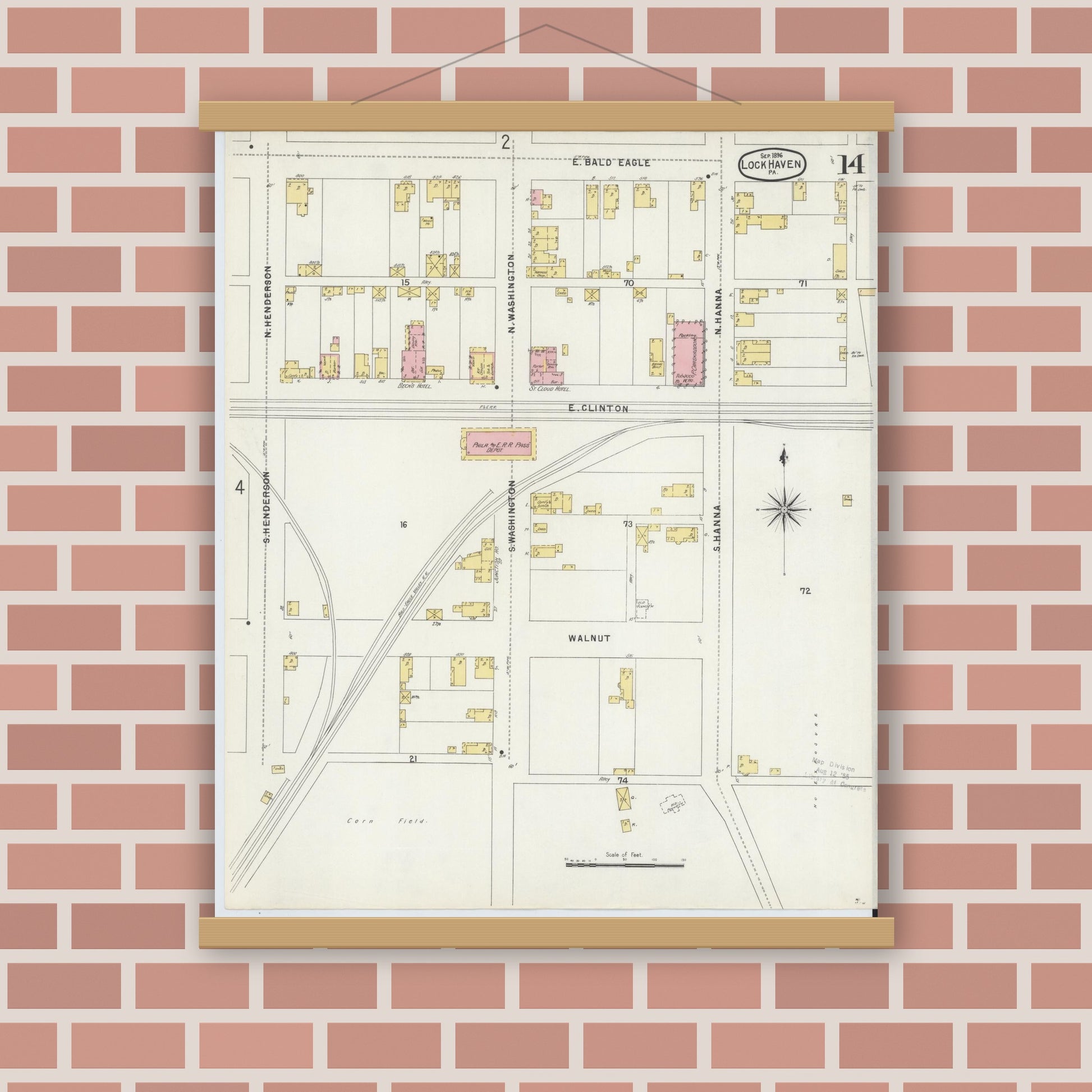 Old map wall art mockup — magnetic wood frame on brick wall — Sanborn Fire Insurance Map from Lock Haven, Clinton County, Pennsylvania (1896), Sheet #0014