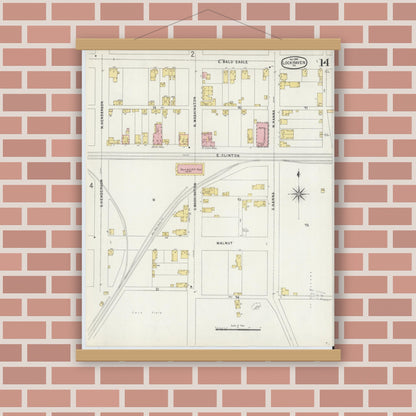 Old map wall art mockup — magnetic wood frame on brick wall — Sanborn Fire Insurance Map from Lock Haven, Clinton County, Pennsylvania (1896), Sheet #0014