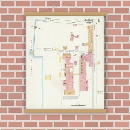 Old map wall art mockup — magnetic wood frame on brick wall — Sanborn Fire Insurance Map from Burlington, Burlington County, New Jersey (1915), Sheet #0014