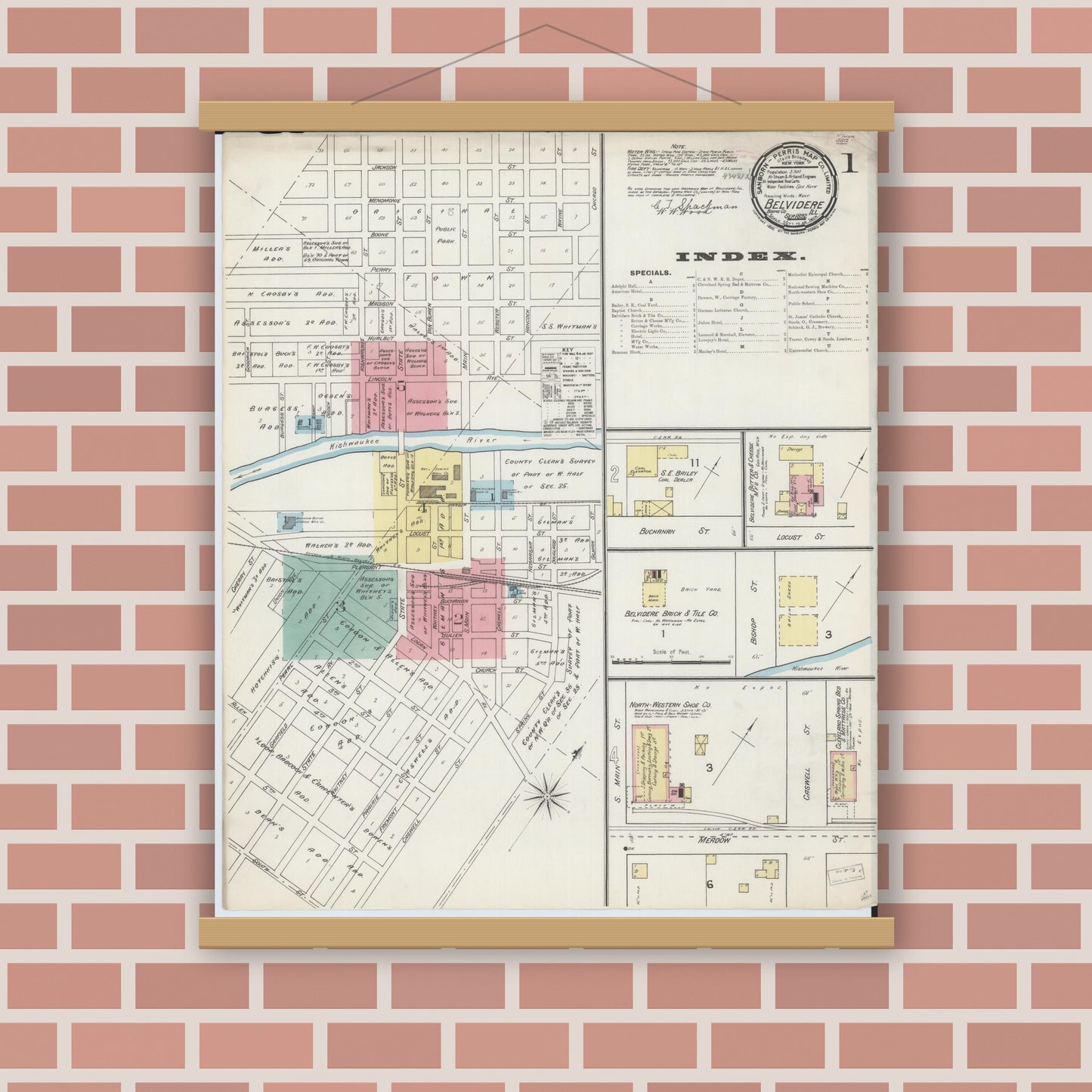 Old map wall art mockup — magnetic wood frame on brick wall — Sanborn Fire Insurance Map from Belvidere, Boone County, Illinois (1892) - Complete Map Set