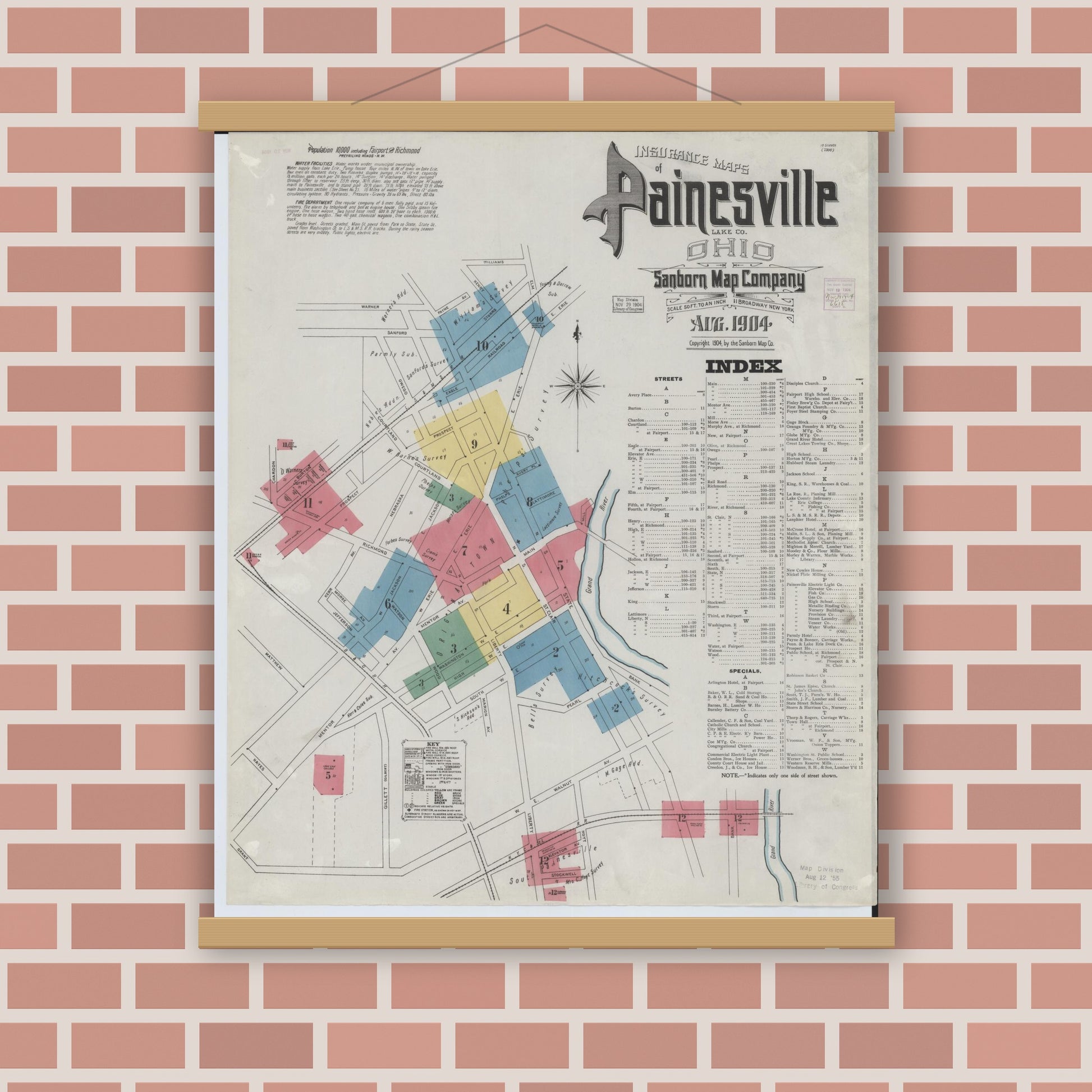 Old map wall art mockup — magnetic wood frame on brick wall — Sanborn Fire Insurance Map from Painesville, Lake County, Ohio (1904) - Complete Map Set