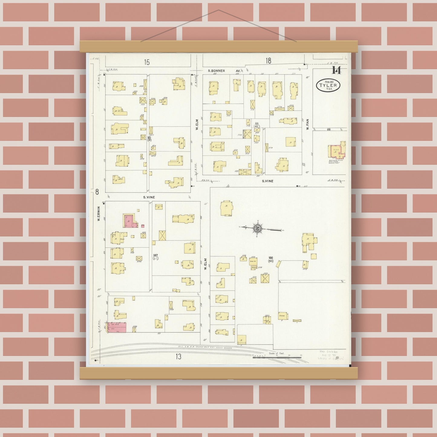 Old map wall art mockup — magnetic wood frame on brick wall — Sanborn Fire Insurance Map from Tyler, Smith County, Texas (1912), Sheet #0014
